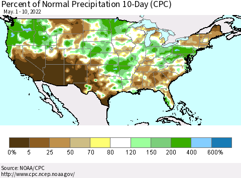 United States Percent of Normal Precipitation 10-Day (CPC) Thematic Map For 5/1/2022 - 5/10/2022