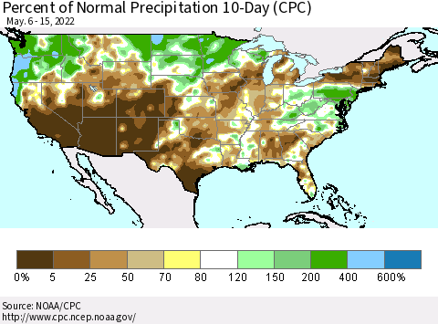 United States Percent of Normal Precipitation 10-Day (CPC) Thematic Map For 5/6/2022 - 5/15/2022