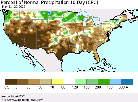 United States Percent of Normal Precipitation 10-Day (CPC) Thematic Map For 5/11/2022 - 5/20/2022