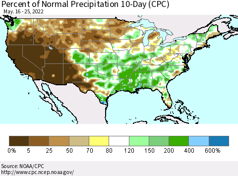 United States Percent of Normal Precipitation 10-Day (CPC) Thematic Map For 5/16/2022 - 5/25/2022