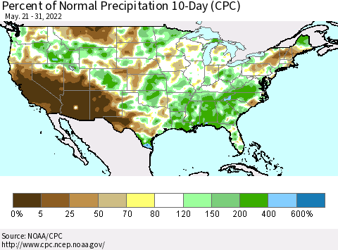 United States Percent of Normal Precipitation 10-Day (CPC) Thematic Map For 5/21/2022 - 5/31/2022