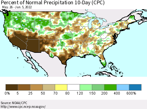 United States Percent of Normal Precipitation 10-Day (CPC) Thematic Map For 5/26/2022 - 6/5/2022