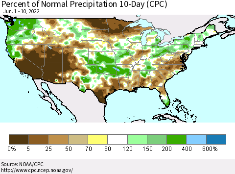 United States Percent of Normal Precipitation 10-Day (CPC) Thematic Map For 6/1/2022 - 6/10/2022