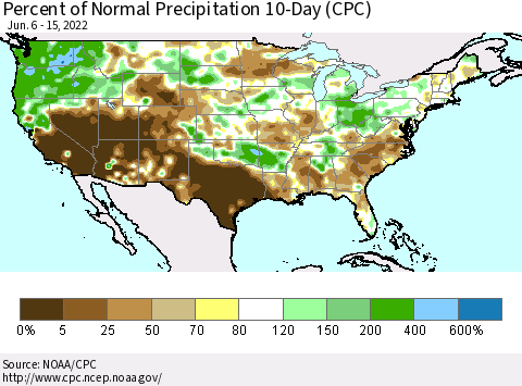 United States Percent of Normal Precipitation 10-Day (CPC) Thematic Map For 6/6/2022 - 6/15/2022