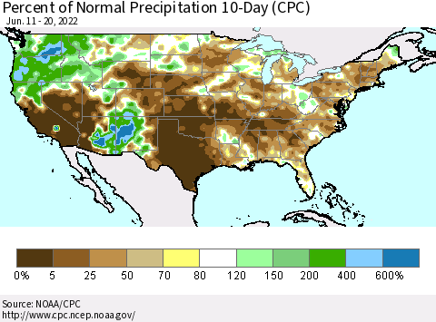 United States Percent of Normal Precipitation 10-Day (CPC) Thematic Map For 6/11/2022 - 6/20/2022