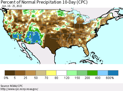 United States Percent of Normal Precipitation 10-Day (CPC) Thematic Map For 6/16/2022 - 6/25/2022