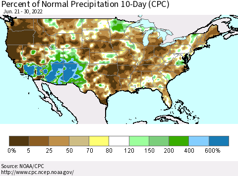 United States Percent of Normal Precipitation 10-Day (CPC) Thematic Map For 6/21/2022 - 6/30/2022