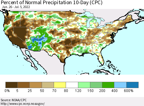 United States Percent of Normal Precipitation 10-Day (CPC) Thematic Map For 6/26/2022 - 7/5/2022