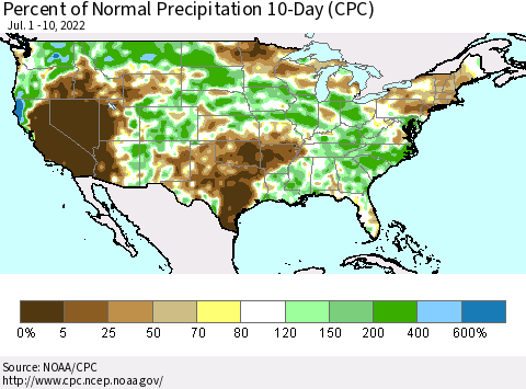 United States Percent of Normal Precipitation 10-Day (CPC) Thematic Map For 7/1/2022 - 7/10/2022