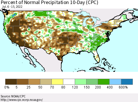 United States Percent of Normal Precipitation 10-Day (CPC) Thematic Map For 7/6/2022 - 7/15/2022