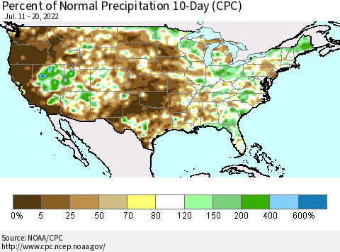 United States Percent of Normal Precipitation 10-Day (CPC) Thematic Map For 7/11/2022 - 7/20/2022