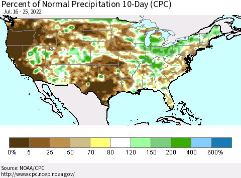 United States Percent of Normal Precipitation 10-Day (CPC) Thematic Map For 7/16/2022 - 7/25/2022