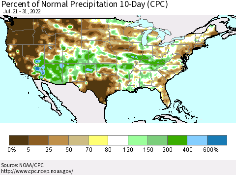 United States Percent of Normal Precipitation 10-Day (CPC) Thematic Map For 7/21/2022 - 7/31/2022
