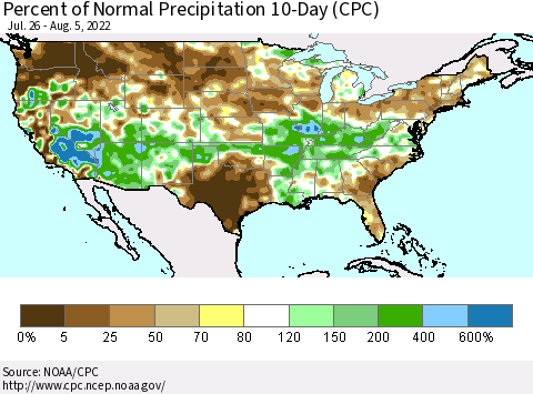 United States Percent of Normal Precipitation 10-Day (CPC) Thematic Map For 7/26/2022 - 8/5/2022