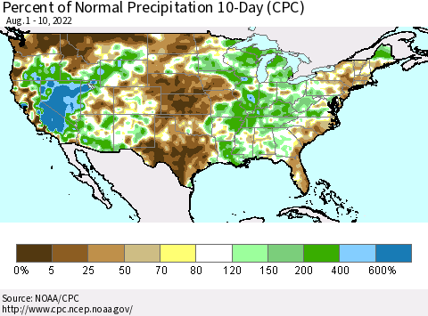 United States Percent of Normal Precipitation 10-Day (CPC) Thematic Map For 8/1/2022 - 8/10/2022