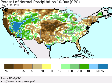 United States Percent of Normal Precipitation 10-Day (CPC) Thematic Map For 8/6/2022 - 8/15/2022