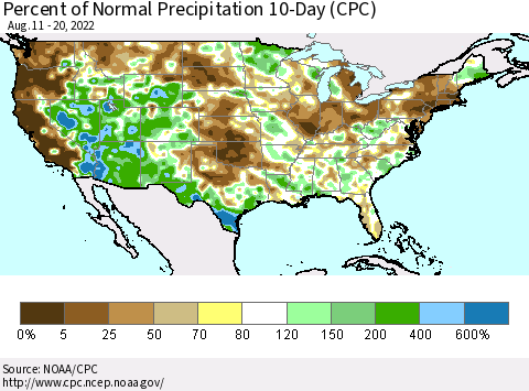 United States Percent of Normal Precipitation 10-Day (CPC) Thematic Map For 8/11/2022 - 8/20/2022