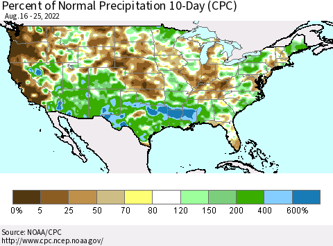 United States Percent of Normal Precipitation 10-Day (CPC) Thematic Map For 8/16/2022 - 8/25/2022