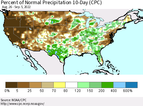 United States Percent of Normal Precipitation 10-Day (CPC) Thematic Map For 8/26/2022 - 9/5/2022