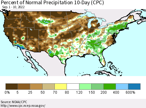 United States Percent of Normal Precipitation 10-Day (CPC) Thematic Map For 9/1/2022 - 9/10/2022