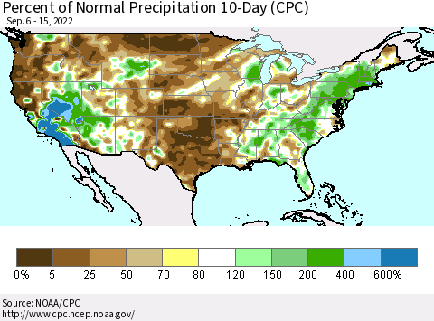 United States Percent of Normal Precipitation 10-Day (CPC) Thematic Map For 9/6/2022 - 9/15/2022