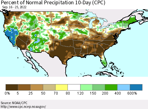United States Percent of Normal Precipitation 10-Day (CPC) Thematic Map For 9/16/2022 - 9/25/2022