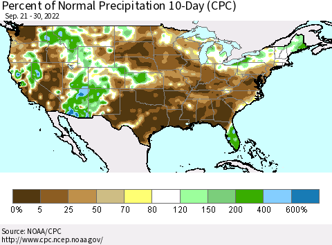 United States Percent of Normal Precipitation 10-Day (CPC) Thematic Map For 9/21/2022 - 9/30/2022