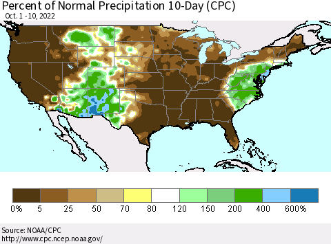 United States Percent of Normal Precipitation 10-Day (CPC) Thematic Map For 10/1/2022 - 10/10/2022