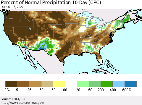 United States Percent of Normal Precipitation 10-Day (CPC) Thematic Map For 10/6/2022 - 10/15/2022