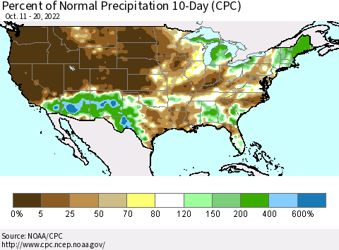 United States Percent of Normal Precipitation 10-Day (CPC) Thematic Map For 10/11/2022 - 10/20/2022