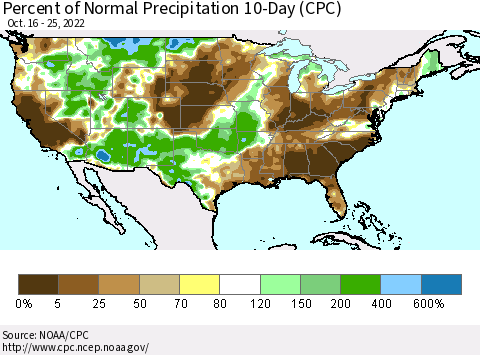United States Percent of Normal Precipitation 10-Day (CPC) Thematic Map For 10/16/2022 - 10/25/2022