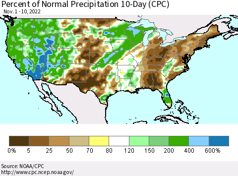 United States Percent of Normal Precipitation 10-Day (CPC) Thematic Map For 11/1/2022 - 11/10/2022
