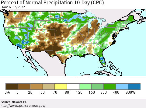 United States Percent of Normal Precipitation 10-Day (CPC) Thematic Map For 11/6/2022 - 11/15/2022