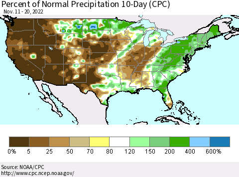United States Percent of Normal Precipitation 10-Day (CPC) Thematic Map For 11/11/2022 - 11/20/2022