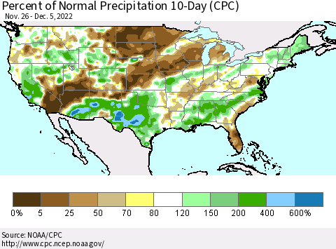 United States Percent of Normal Precipitation 10-Day (CPC) Thematic Map For 11/26/2022 - 12/5/2022
