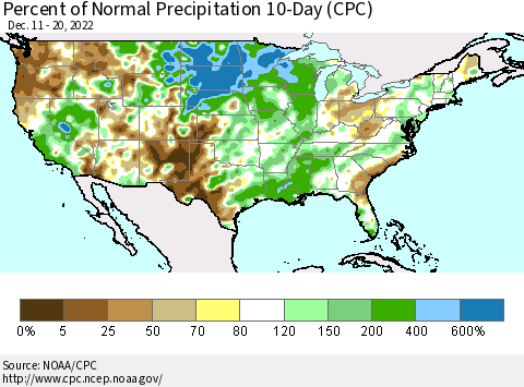 United States Percent of Normal Precipitation 10-Day (CPC) Thematic Map For 12/11/2022 - 12/20/2022