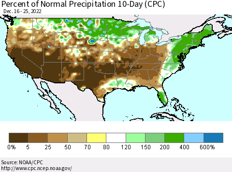 United States Percent of Normal Precipitation 10-Day (CPC) Thematic Map For 12/16/2022 - 12/25/2022