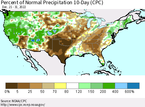 United States Percent of Normal Precipitation 10-Day (CPC) Thematic Map For 12/21/2022 - 12/31/2022