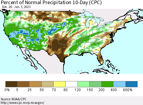 United States Percent of Normal Precipitation 10-Day (CPC) Thematic Map For 12/26/2022 - 1/5/2023
