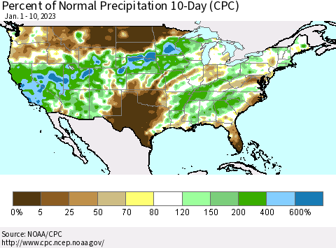 United States Percent of Normal Precipitation 10-Day (CPC) Thematic Map For 1/1/2023 - 1/10/2023