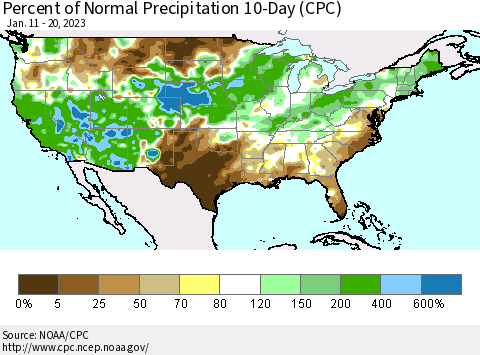 United States Percent of Normal Precipitation 10-Day (CPC) Thematic Map For 1/11/2023 - 1/20/2023