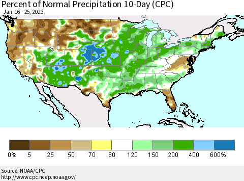 United States Percent of Normal Precipitation 10-Day (CPC) Thematic Map For 1/16/2023 - 1/25/2023