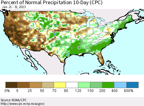 United States Percent of Normal Precipitation 10-Day (CPC) Thematic Map For 1/21/2023 - 1/31/2023