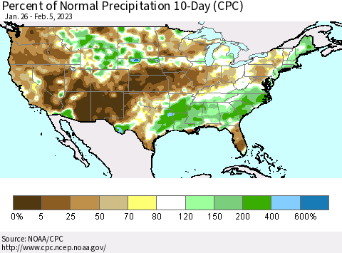 United States Percent of Normal Precipitation 10-Day (CPC) Thematic Map For 1/26/2023 - 2/5/2023