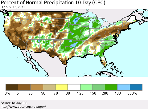 United States Percent of Normal Precipitation 10-Day (CPC) Thematic Map For 2/6/2023 - 2/15/2023