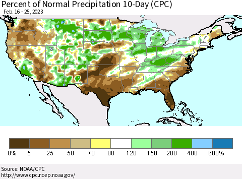 United States Percent of Normal Precipitation 10-Day (CPC) Thematic Map For 2/16/2023 - 2/25/2023