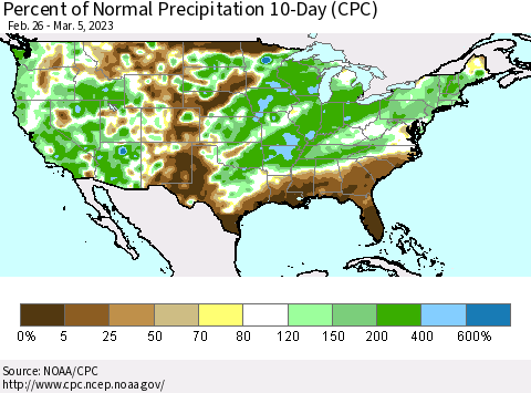 United States Percent of Normal Precipitation 10-Day (CPC) Thematic Map For 2/26/2023 - 3/5/2023