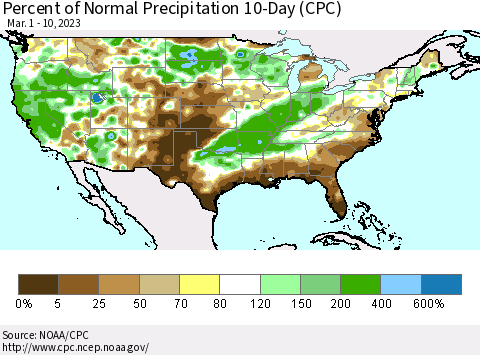 United States Percent of Normal Precipitation 10-Day (CPC) Thematic Map For 3/1/2023 - 3/10/2023