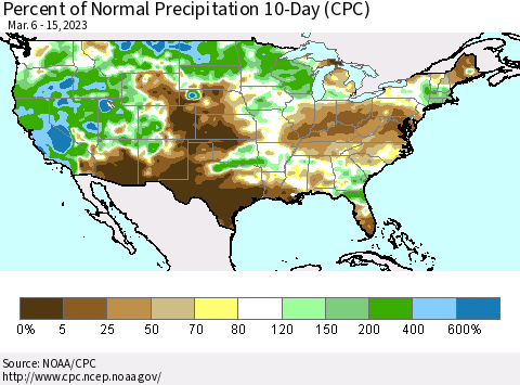 United States Percent of Normal Precipitation 10-Day (CPC) Thematic Map For 3/6/2023 - 3/15/2023