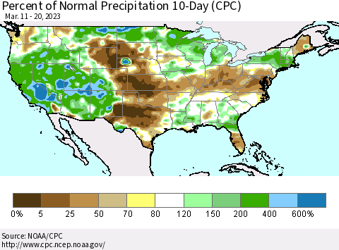United States Percent of Normal Precipitation 10-Day (CPC) Thematic Map For 3/11/2023 - 3/20/2023